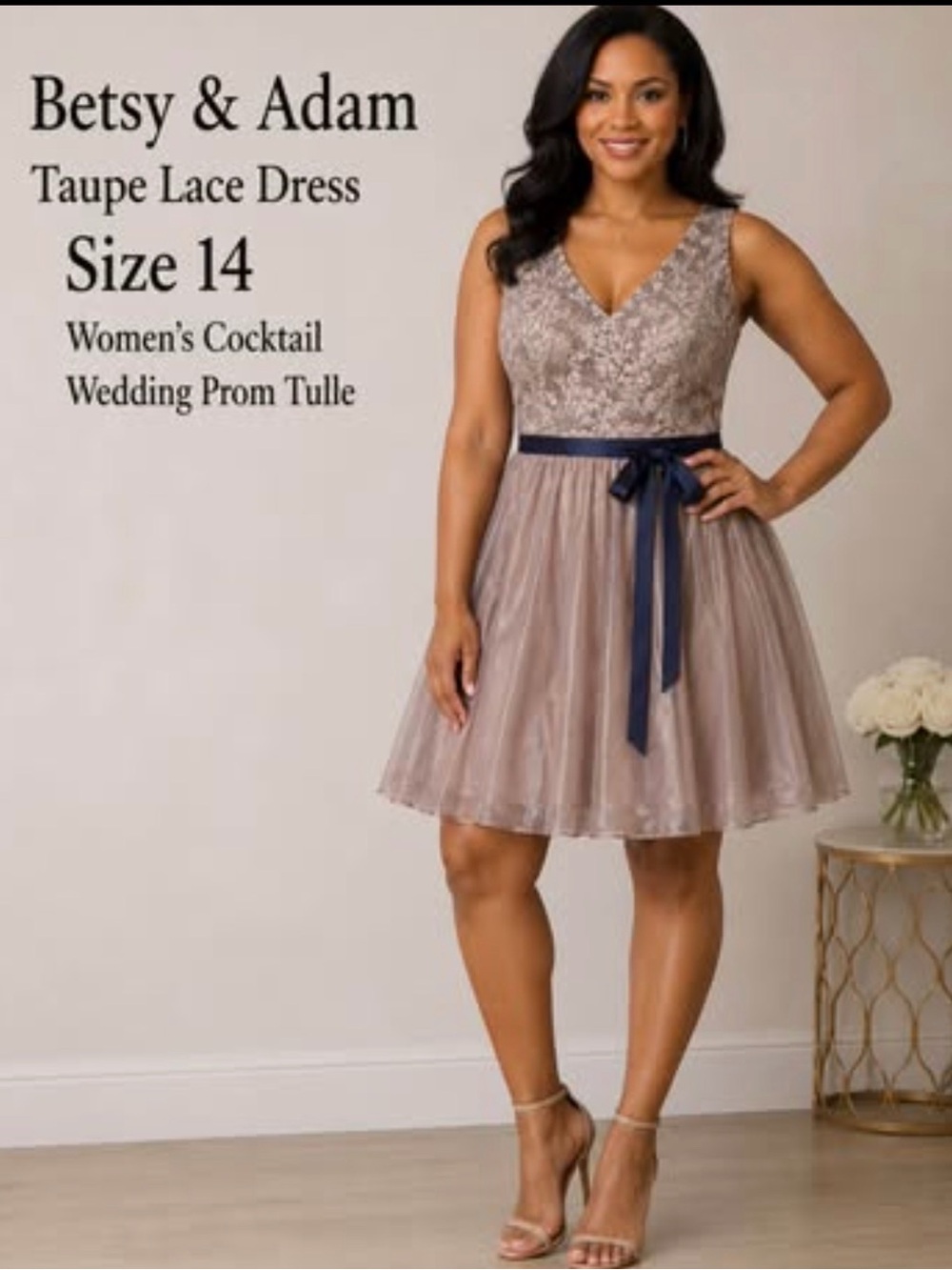 Betsy & Adam Taupe Lace V‑Neck Mini Dress with Navy Ribbon Waist
